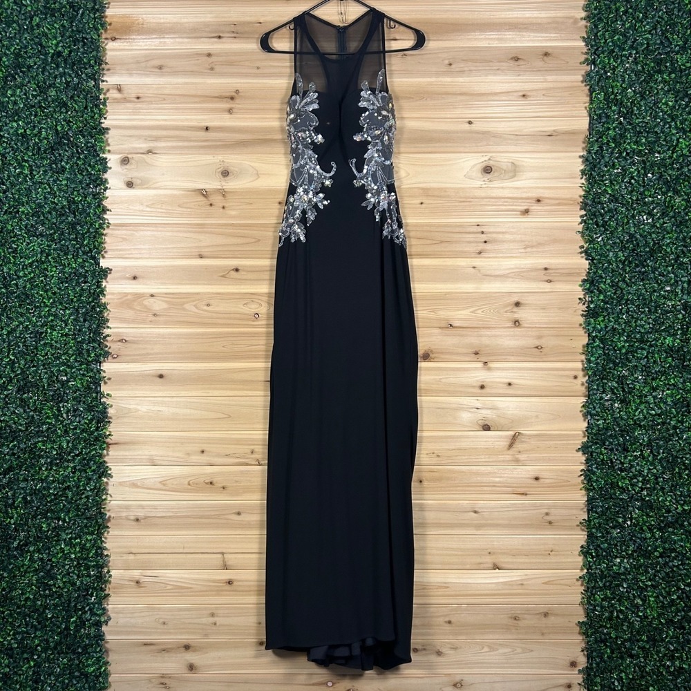 Jasz Couture Dress Womens 10 Black Silver Beaded Floral Appliqués Evening Gown